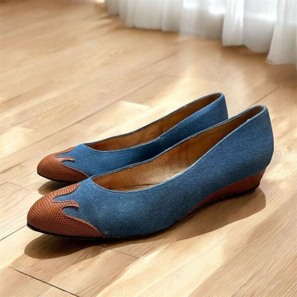 Vintage Denim Wedge Platform Heels 7.5 Retro Pointed Almond Western - Picture 2 of 7